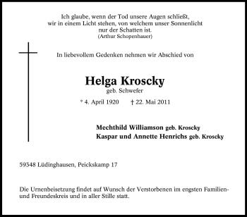 Traueranzeige von Helga Kroscky von Tageszeitung