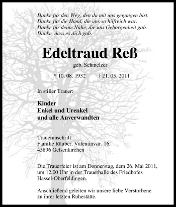 Traueranzeige von Edeltraud Reß von Tageszeitung