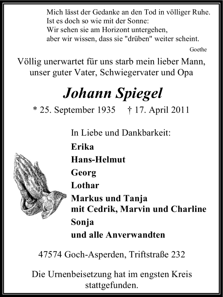 Traueranzeigen von Johann Spiegel TrauerinNRW.de