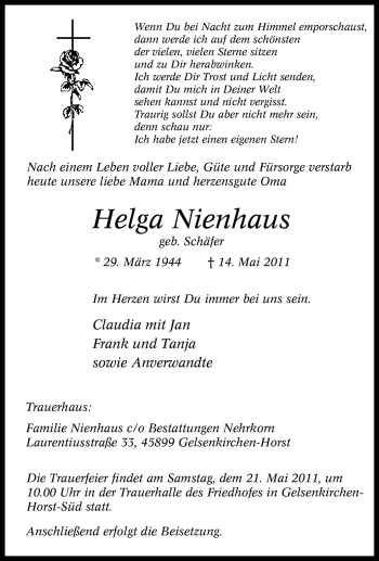 Traueranzeige von Helga Nienhaus von Tageszeitung