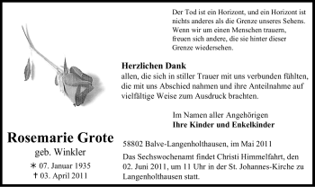 Traueranzeige von Rosemarie Grote von Tageszeitung