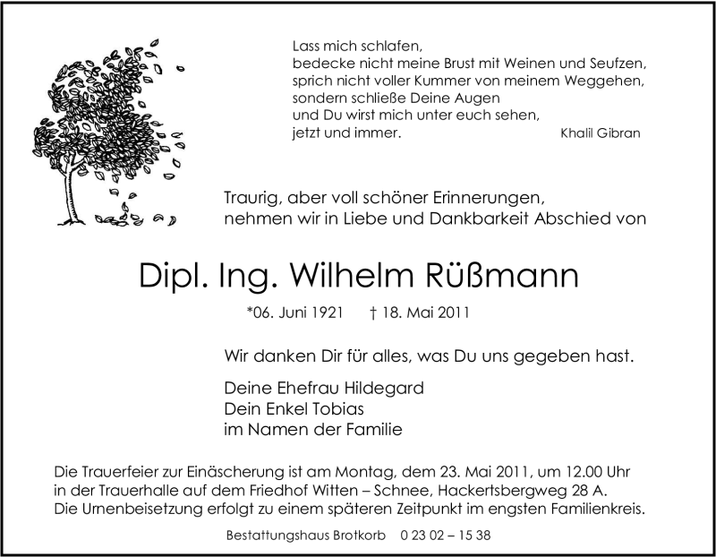 Traueranzeigen von Wilhelm Rüßmann TrauerinNRW.de