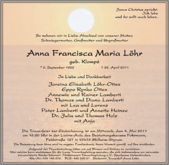 Traueranzeige von Anna Francisca Maria Löhr von Tageszeitung