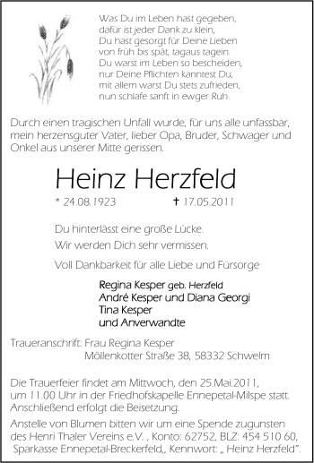 Traueranzeige von Heinz Herzfeld von Tageszeitung