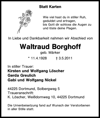 Traueranzeige von Waltraud Borghoff von Tageszeitung