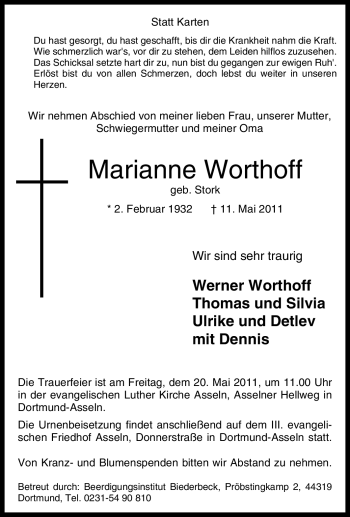 Traueranzeige von Marianne Worthoff von Tageszeitung
