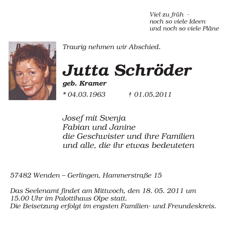  Traueranzeige für Jutta Schröder vom 04.05.2011 aus Tageszeitung