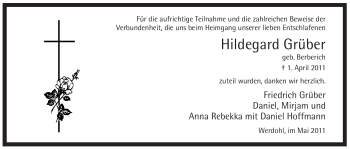 Traueranzeige von Hildegard Grüber von Tageszeitung