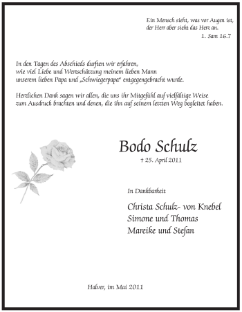Traueranzeige von Bodo Schulz von Tageszeitung