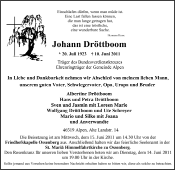Traueranzeige von Johann Dröttboom von Tageszeitung