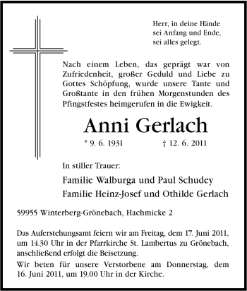 Traueranzeige von Anni Gerlach von Tageszeitung