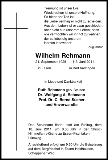Traueranzeige von Wilhelm Rehmann von Tageszeitung