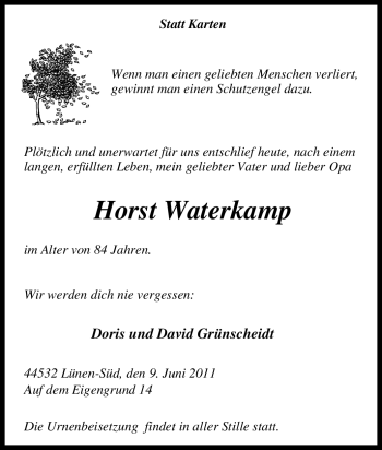Traueranzeige von Horst Waterkamp von Tageszeitung
