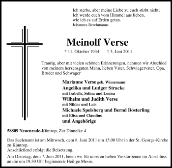 Traueranzeige von Meinolf Verse von Tageszeitung