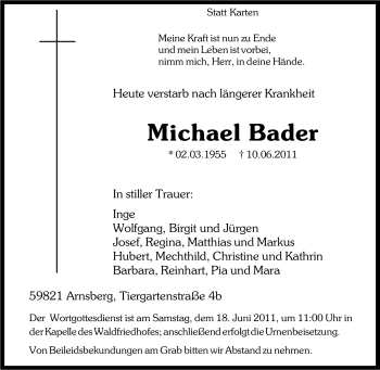 Traueranzeige von Michael Bader von Tageszeitung