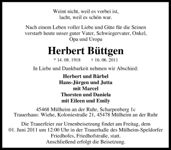 Traueranzeige von Herbert Büttgen von Tageszeitung
