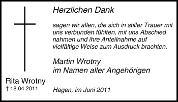 Traueranzeige von Rita Wrotny von Tageszeitung