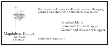 Traueranzeige von Magdalena Klapper von Tageszeitung