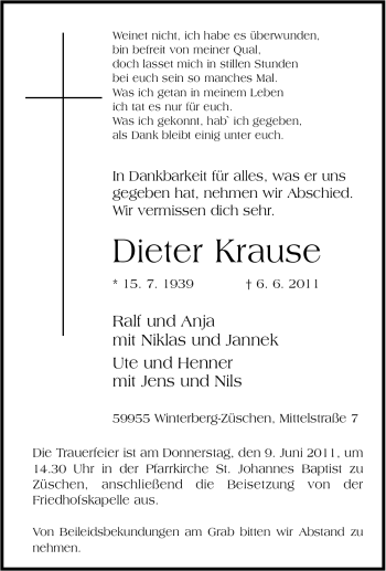 Traueranzeige von Dieter Krause von Tageszeitung