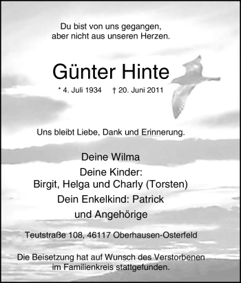 Traueranzeige von Günter Hinte von Tageszeitung