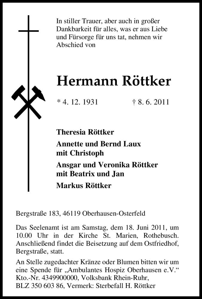  Traueranzeige für Hermann Röttker vom 11.06.2011 aus Tageszeitung