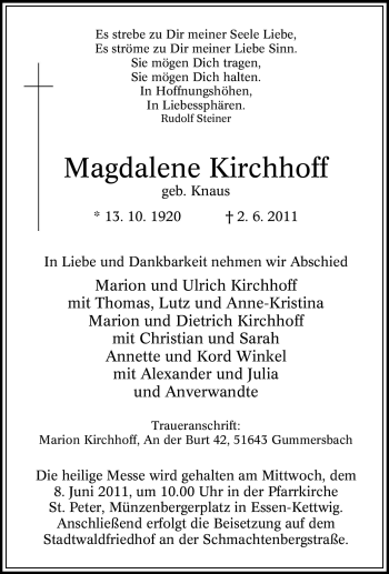 Traueranzeige von Magdalene Kirchhoff von Tageszeitung