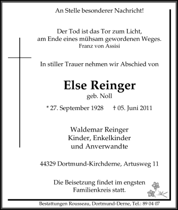 Traueranzeige von Else Reinger von Tageszeitung