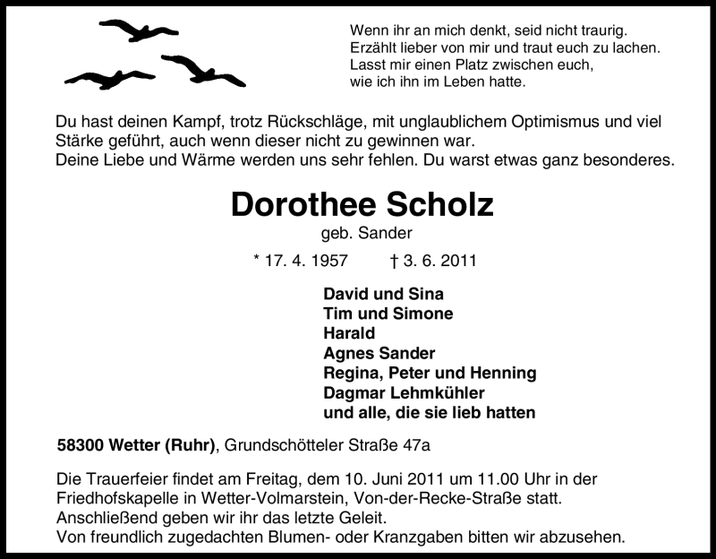  Traueranzeige für Dorothee Scholz vom 07.06.2011 aus Tageszeitung