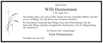 Traueranzeige von Willi Hennemann von Tageszeitung