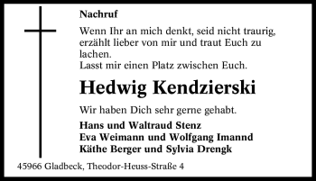 Traueranzeige von Hedwig Kendzierski von Tageszeitung