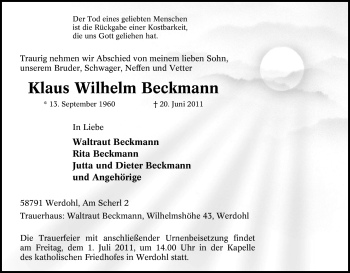 Traueranzeige von Klaus Wilhelm Beckmann von Tageszeitung