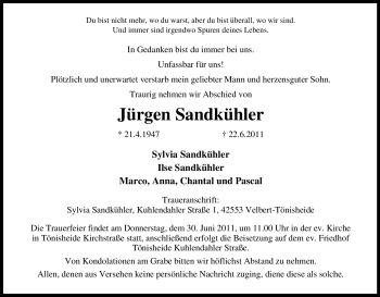 Traueranzeige von Jürgen Sandkühler von Tageszeitung