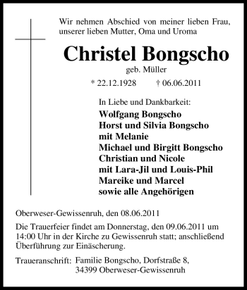 Traueranzeige von Christel Bongscho von Tageszeitung