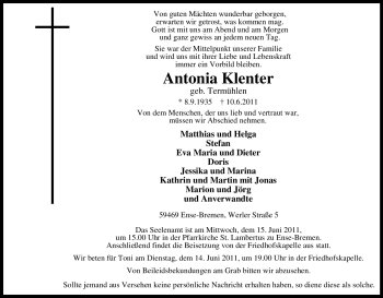Traueranzeige von Antonia Klenter von Tageszeitung
