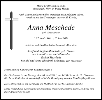 Traueranzeige von Anna Meschede von Tageszeitung