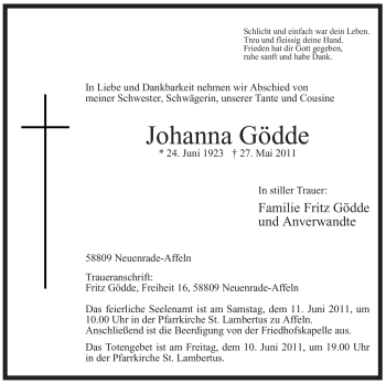 Traueranzeige von Johanna Gödde von Tageszeitung