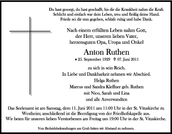 Traueranzeige von Anton Ruthen von Tageszeitung