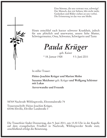 Traueranzeige von Paula Krüger von Tageszeitung