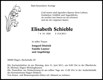 Traueranzeige von Elisabeth Schieble von Tageszeitung