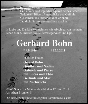 Traueranzeige von Gerhard Bohn von Tageszeitung