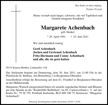 Traueranzeige von Margarete Achenbach von Tageszeitung