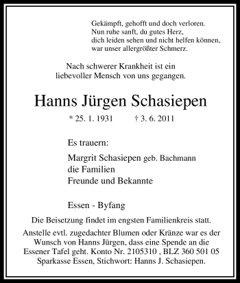 Traueranzeige von Hanns Jürgen Schasiepen von Tageszeitung