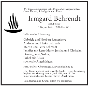 Traueranzeige von Irmgard Behrendt von Tageszeitung