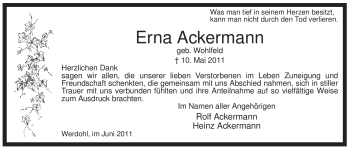 Traueranzeige von Erna Ackermann von Tageszeitung