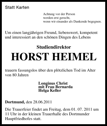 Traueranzeige von Horst Heimel von Tageszeitung