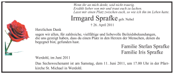 Traueranzeige von Irmgard Sprafke von Tageszeitung