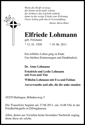Traueranzeige von Elfriede Lohmann von Tageszeitung