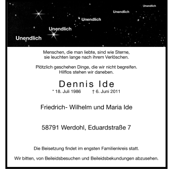 Traueranzeige von Dennis Ide von Tageszeitung