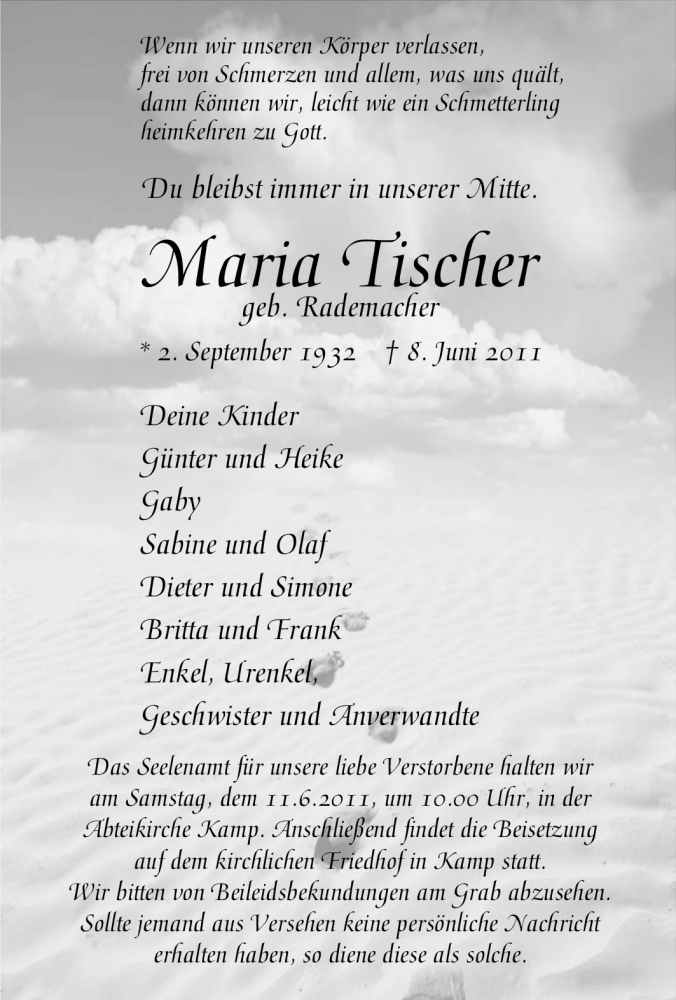  Traueranzeige für Maria Tischer vom 09.06.2011 aus Tageszeitung