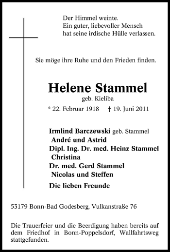 Traueranzeige von Helene Stammel von Tageszeitung